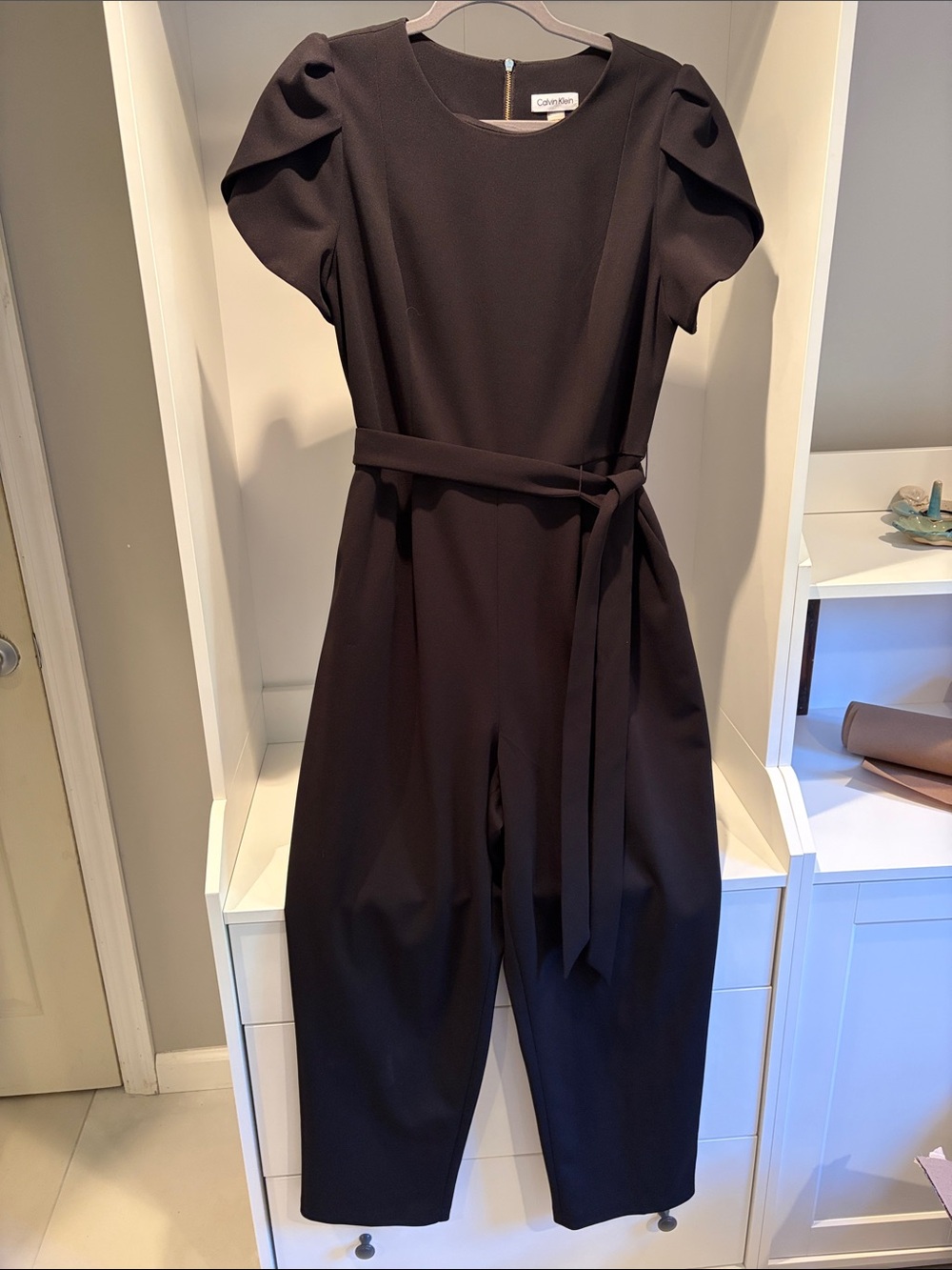Calvin Klein Black Puff Sleeve Belted Jumpsuit with Wide Leg
